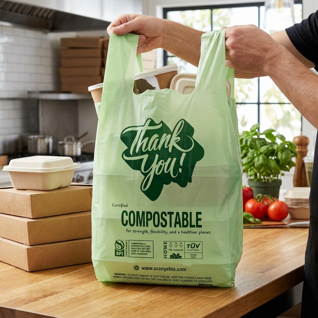 OrangeBio Compostable T-Shirt Bags – Grocery & Market Use