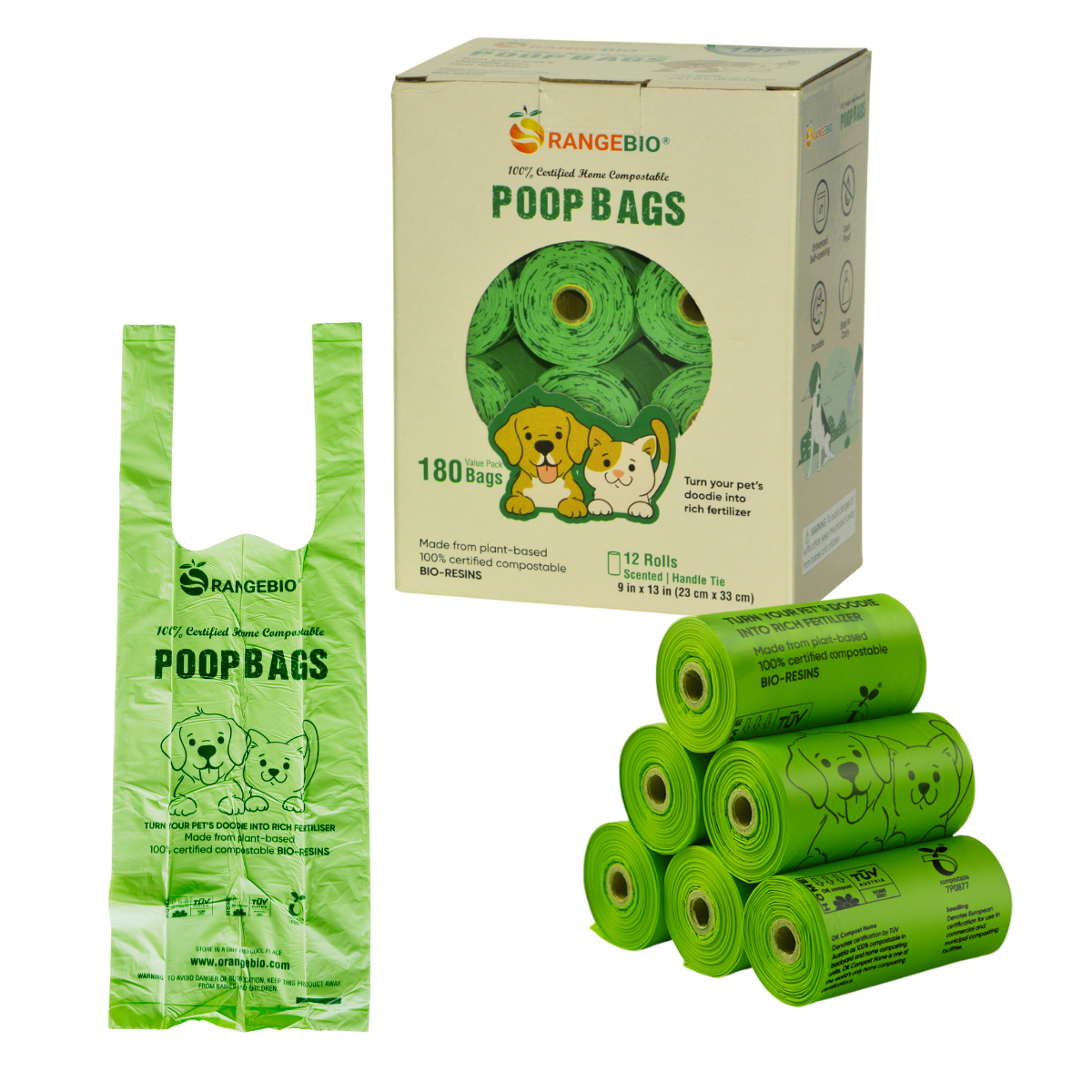 Pet Waste Bags Handle Tie, 180 Count, 12 Refill Rolls