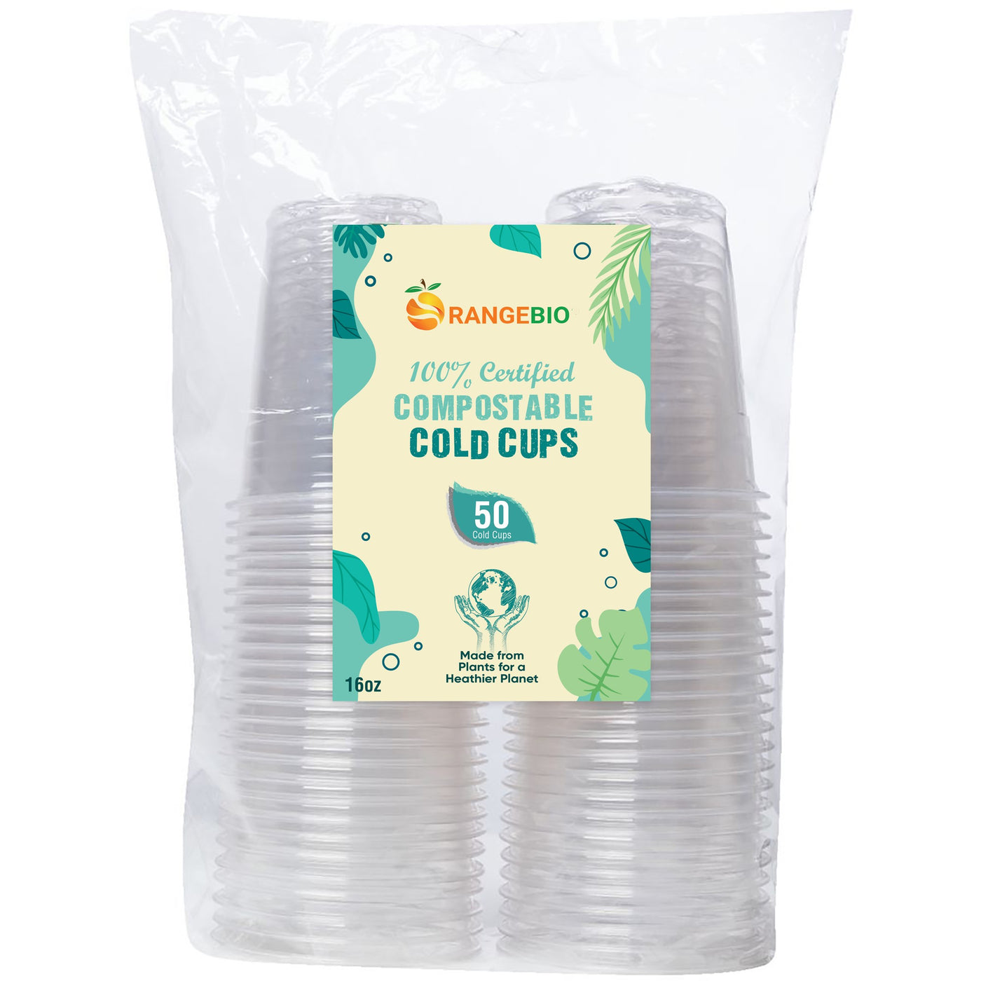 OrangeBio 16 Oz Certified Compostable Cold Cups | PLA |50 Count