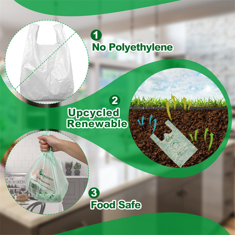 plant based plastic bags Orangebio Leakproof 8-Gallon Green Flap Tie Regular Kitchen Household Compostable Bags, 100 Bags